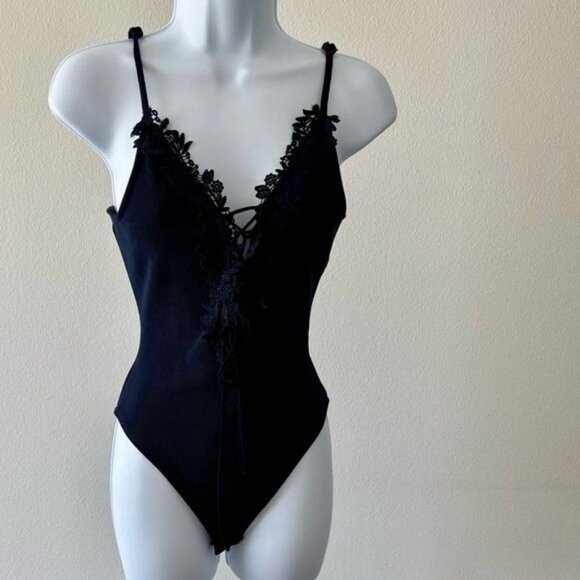 Fashion Nova Tops - Y2K Bodysuit Large Floral Lace Deep V Neckline Romantic Dark Academia Balletcore